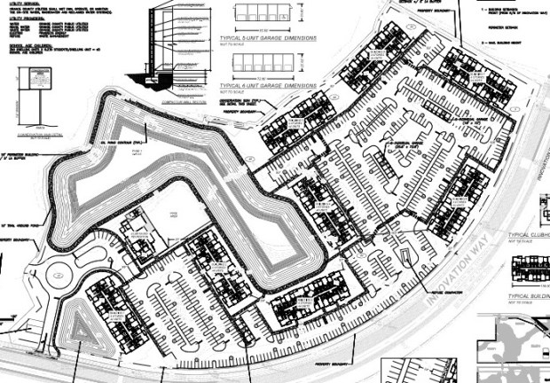 A page from site plans for a proposed 350-unit apartment community along Innovation Way southwest of Avalon Park. The project on almost 19 acres is part of the 513-acre Reserve at Alafaya PD, previously known as Morgran PD. (Site plan from Dave Schmitt Engineering/Orange County)
