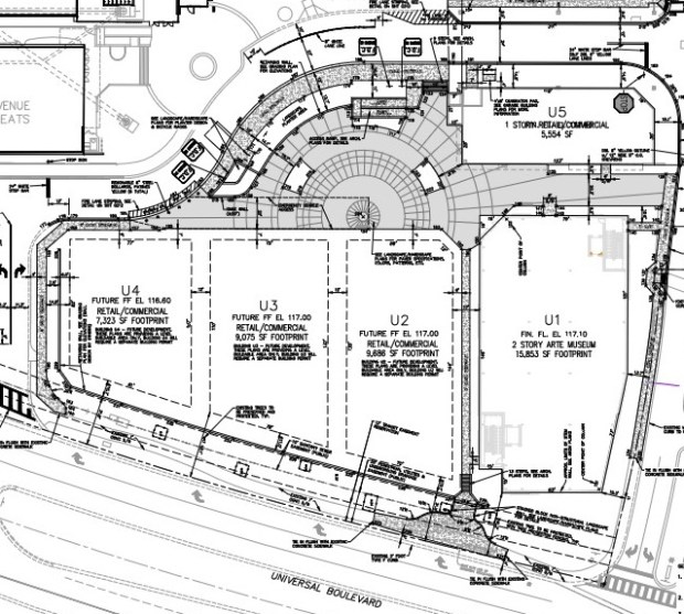 A page from site plans for ICON Park along Universal Boulevard shows the location of a planned third U.S. location of Arte Museum, at right. The museum, expected to open late next year, is surround by additional retail/commercial space planned for the 20-acre park. (Image from McIntosh Associates)