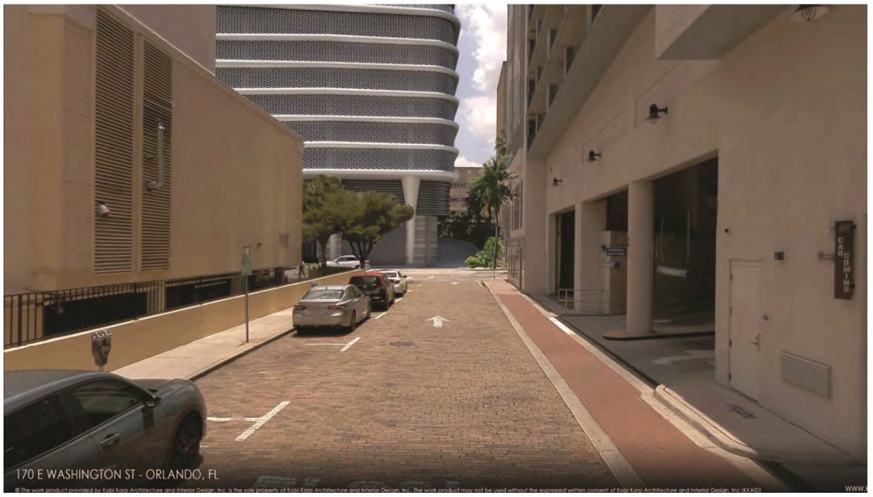 The ramp leading to the parking garage is on the...