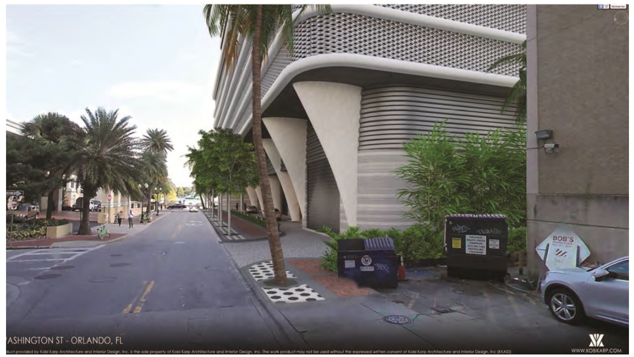 The vehicle drop-off area and ramp to the parking garage...