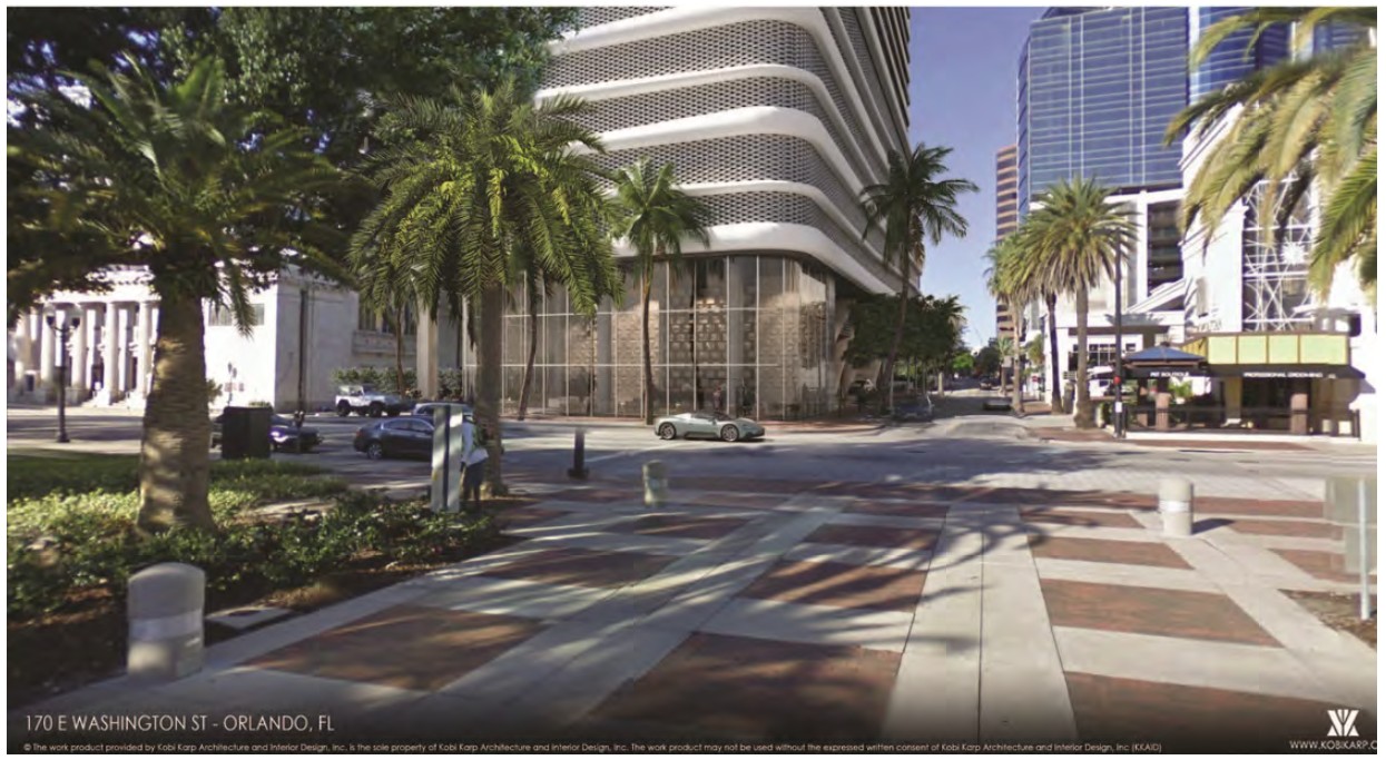 This view from Eola Park shows the voluminous ceiling height...