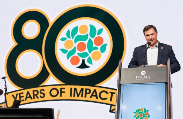 Florida Citrus Sports, based at Camping World Stadium in Orlando, and its CEO, Steve Hogan, were honored with the Award of Excellence during the Gold Brick Awards ceremony Tuesday, May 5, 2026 at the Dr. Phillips Center for the Performing Arts. The award honored the organization's 80 Years of Impact Celebration throughout 2025. The awards are handed out annually by the Downtown Orlando Partnership. (Courtesy of Downtown Orlando Partnership)