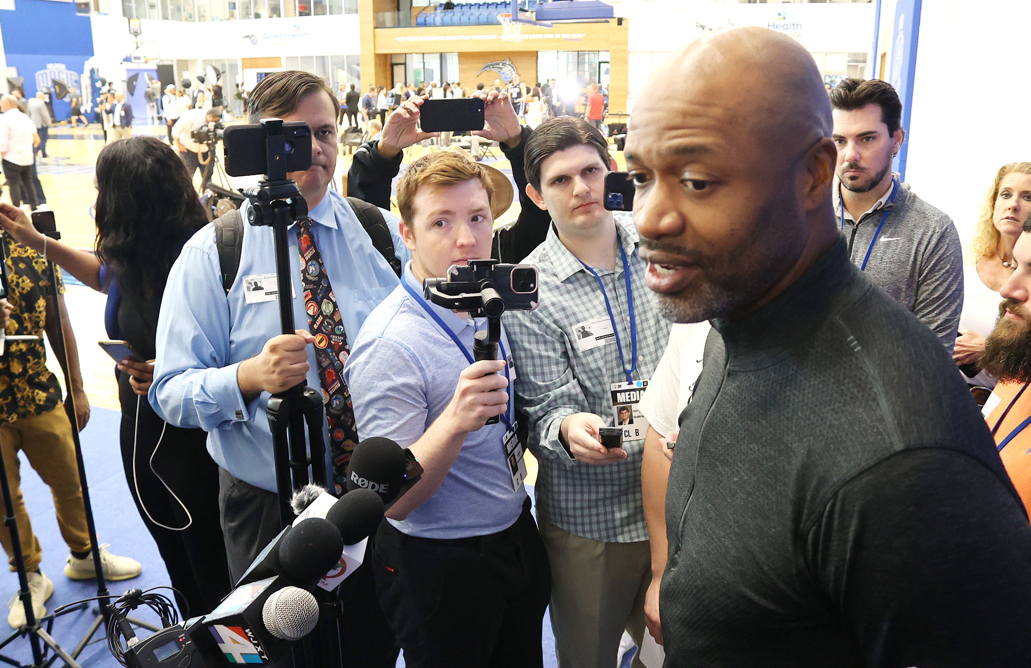 Orlando Magic head coach Jamahl Mosley is interviewed during Orlando...