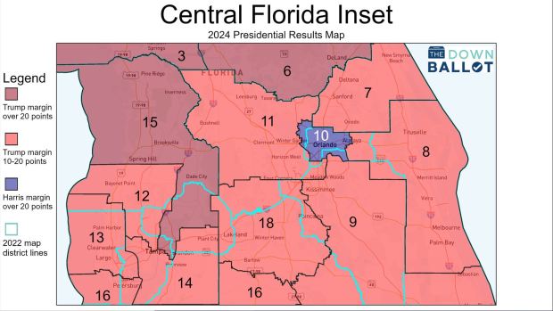 Redrawn boundaries of Florida's congressional districts in Central Florida pack more Democrats into District 10 in Orlando in order to make surrounding districts more Republican-leaning. Current boundaries are outlined in light blue.