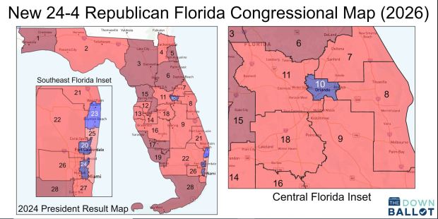 The new redistricting map for Florida's congressional seats would eliminate several Democratic-leaning districts, including District 9 in Central Florida. District 9 would now stretch from Orlando to Lake Okeechobee and over to Sebastian Inlet. (The Downballot)