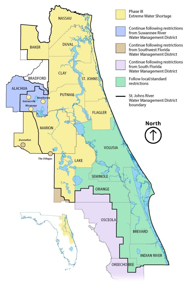 This map shows water restrictions enacted by the St. Johns River Water Management District as of May 13, 2026. (Courtesy/SJRWMD)