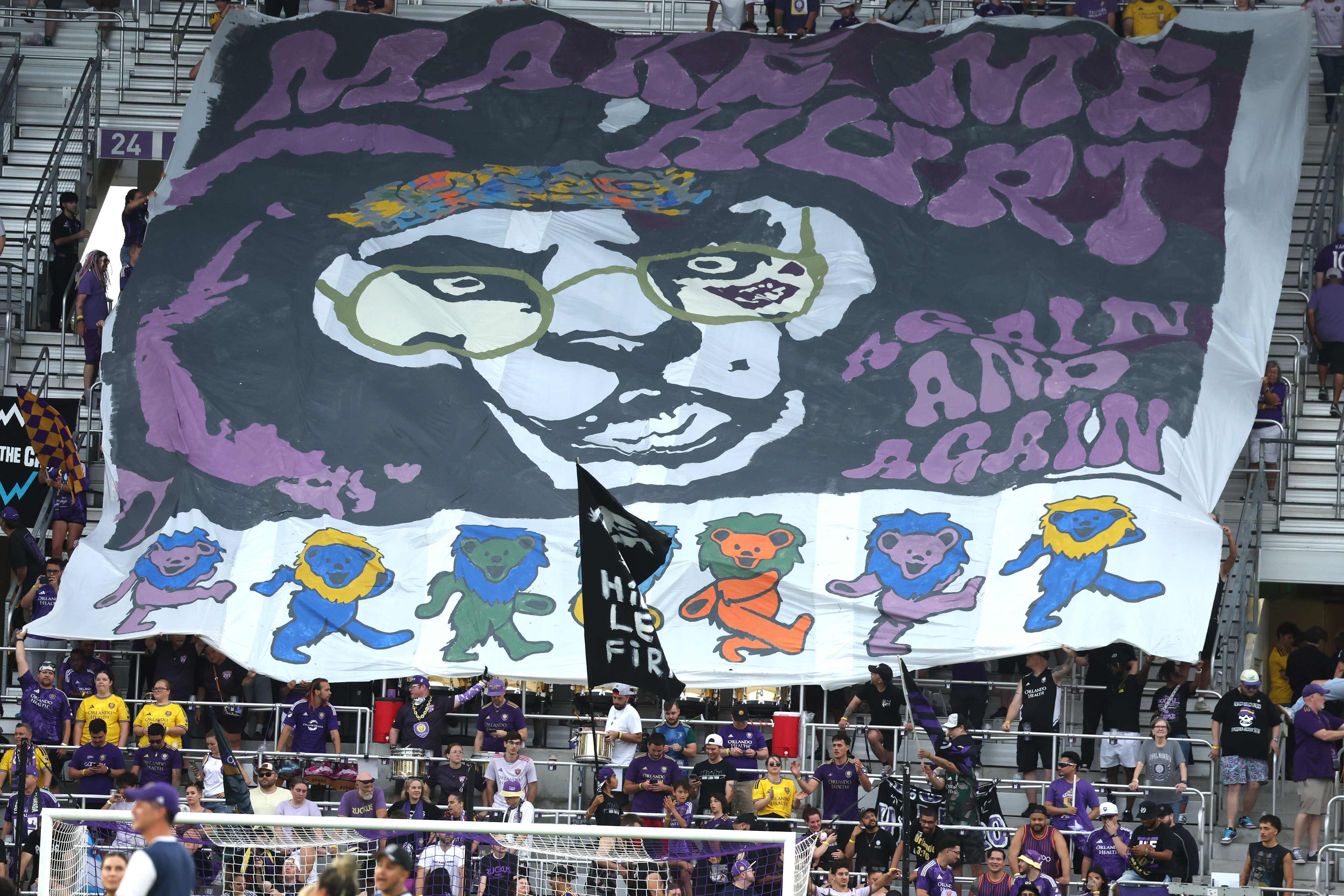 A colorful tifo is unfurled before the Atlanta United at...