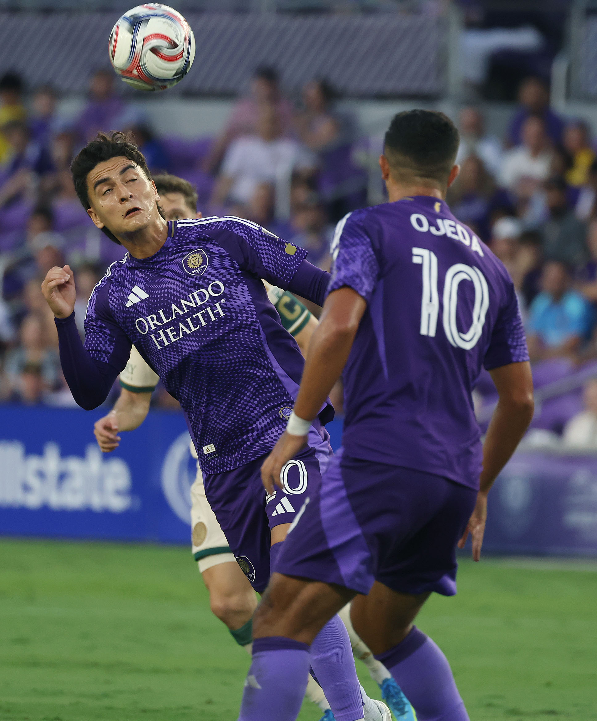 Orlando player Eduard Atuesta (20) heads the ball during the...