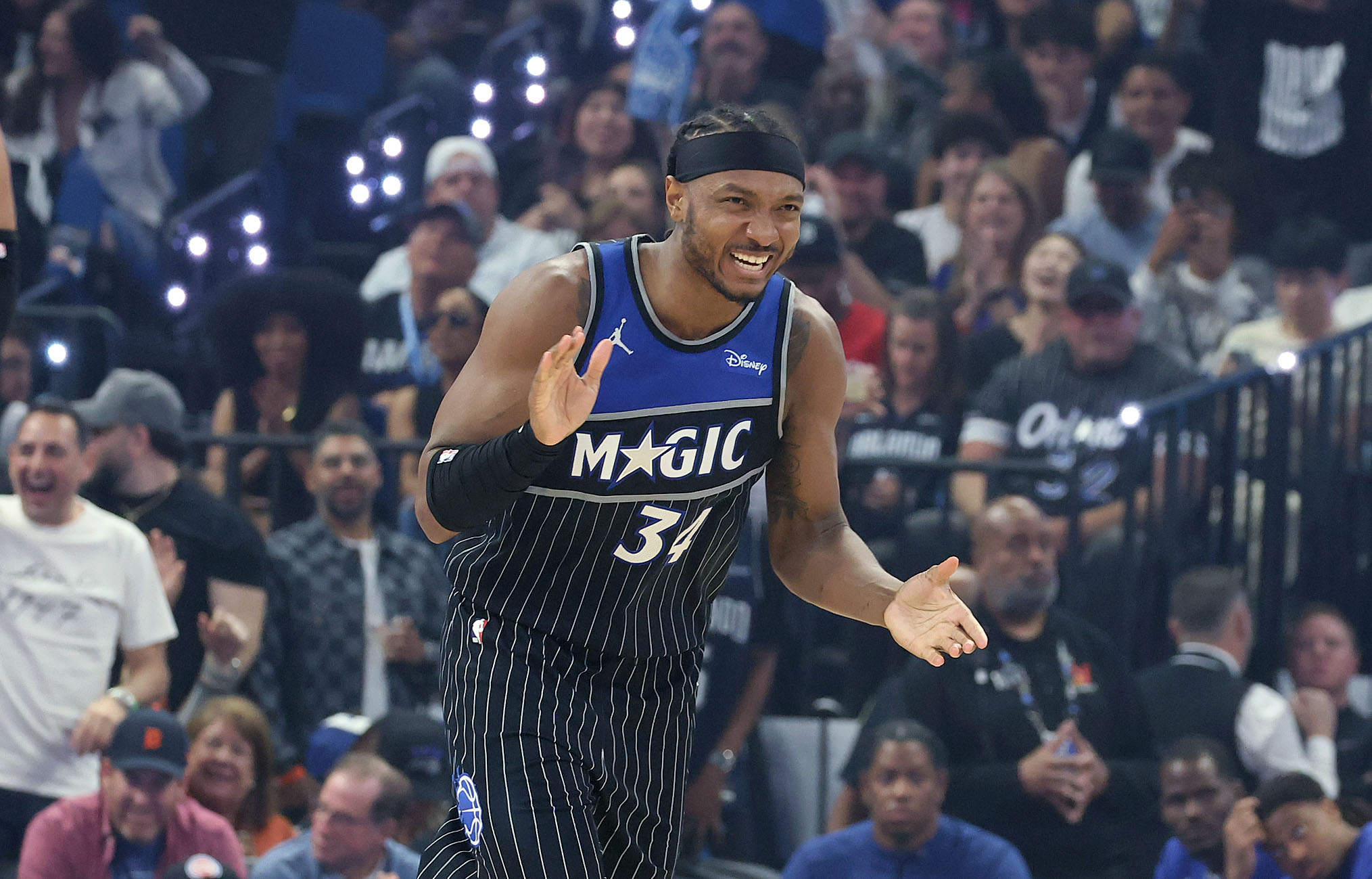 Orlando center Wendell Carter Jr. celebrates during the Detroit Pistons...