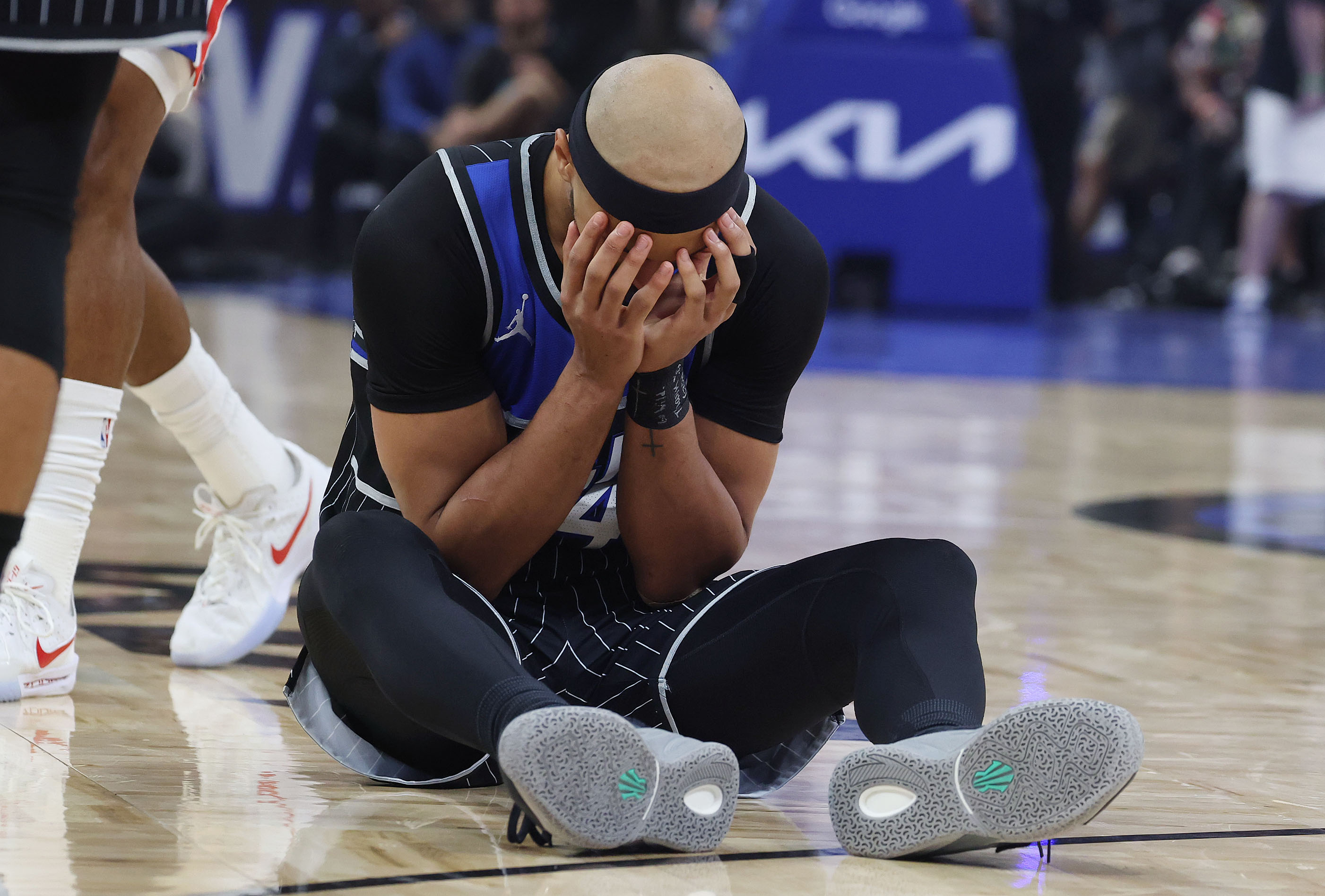 Orlando guard Jalen Suggs reacts during the Detroit Pistons at...