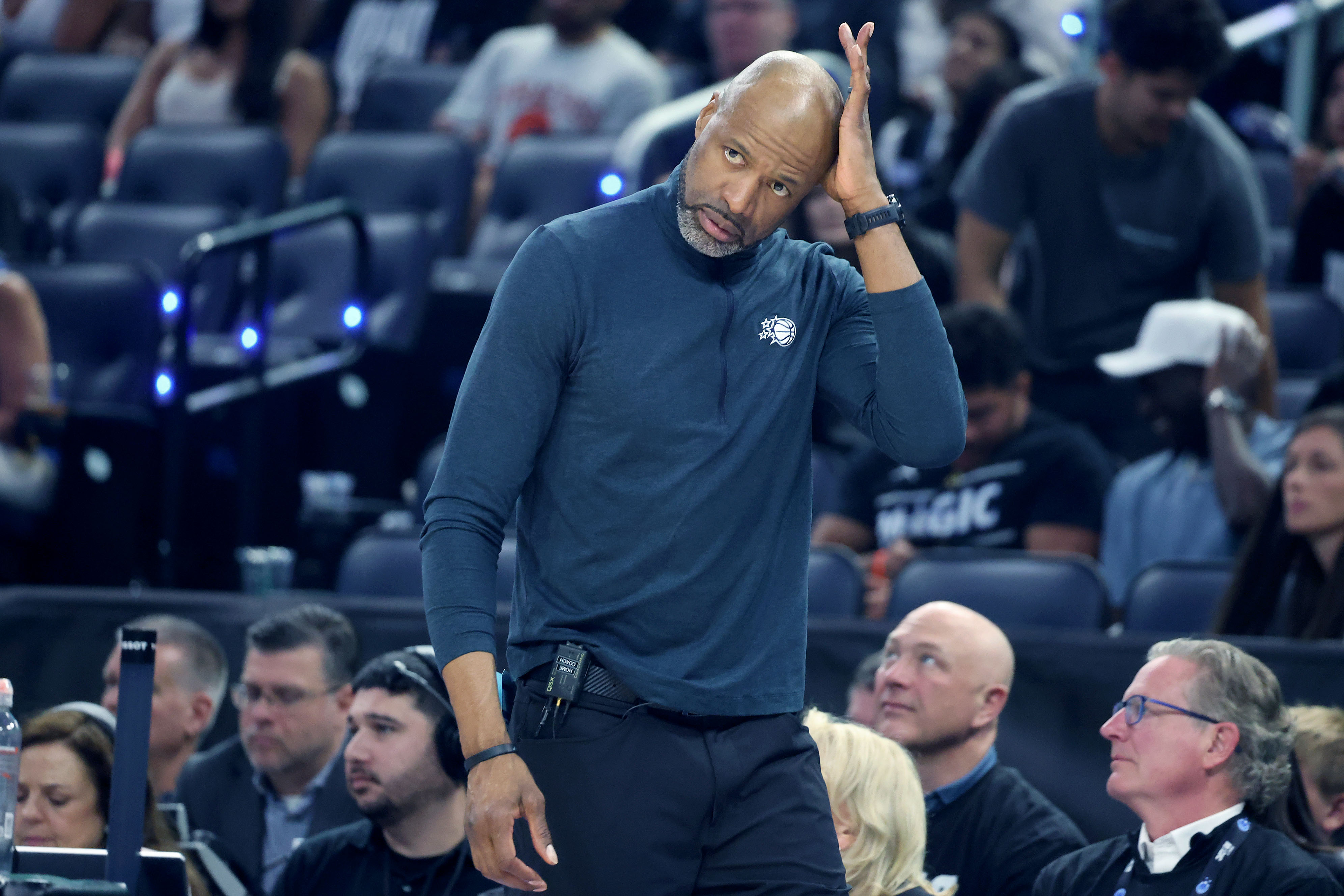 Orlando coach Jamahl Mosley coaches during the Detroit Pistons at...