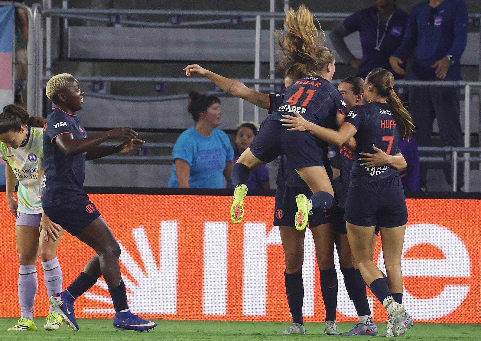 Bay FC players celebrate after a goal during the Bay...
