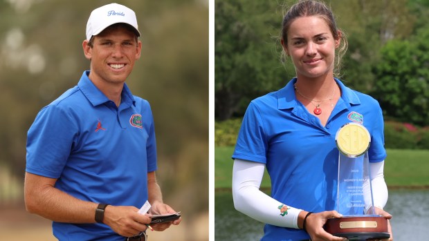 Gators' golfer Jack Turner, left, and Paula Francisco, are Florida's top players for top-3 teams entering the NCAA tournament. (Bella Rosa/UAA Communications and Maddie Washburn/UAA Communications)