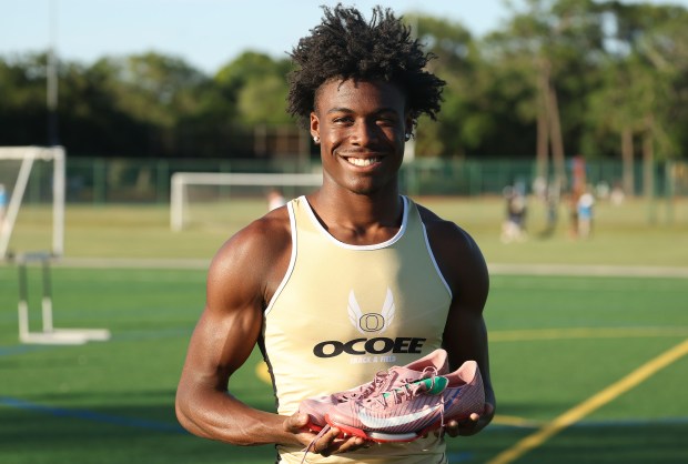 Ocoee High athlete Devin Mathews is pictured during a track meet at Showalter Field in Winter Park on Tuesday, April 21, 2026.(Stephen M. Dowell/Orlando Sentinel)
