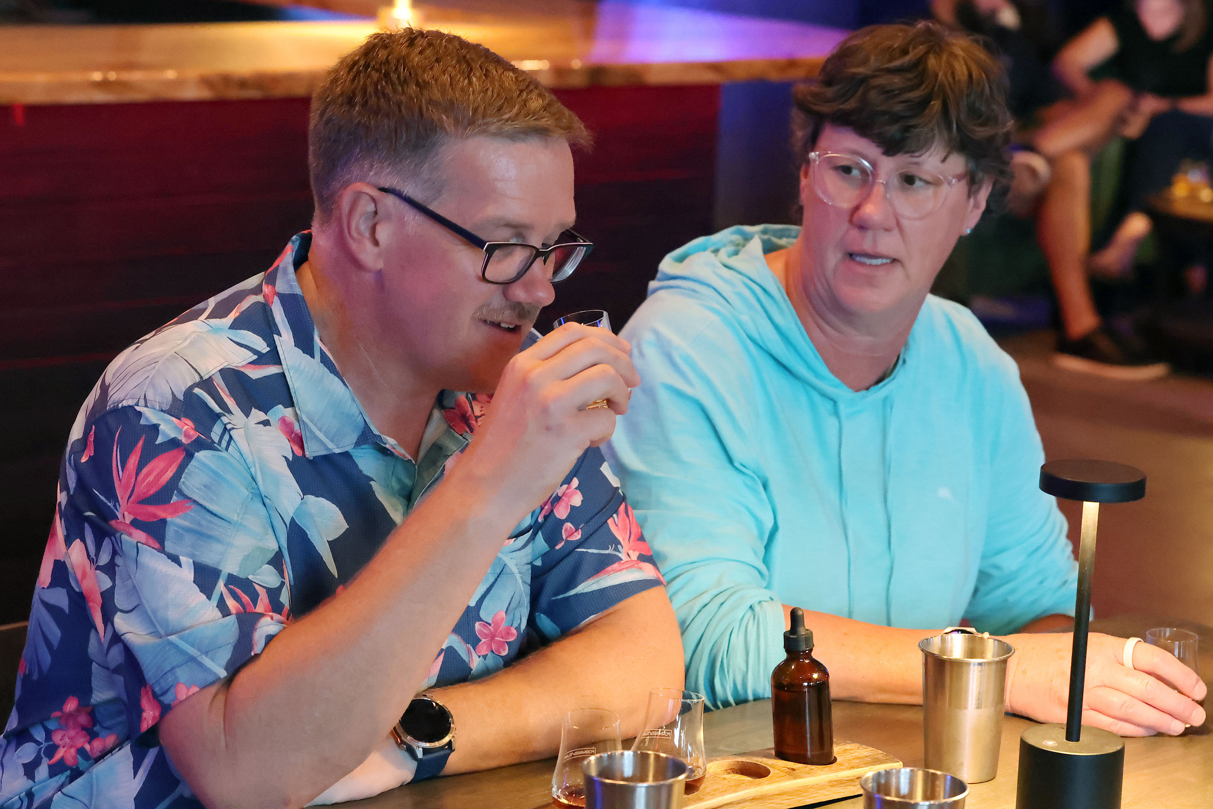 Brian and Kristin Fox enjoy sampling the Sentinel whiskey uring...