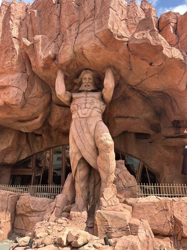 The backside of Mythos, a restaurant at Islands of Adventure theme park, includes a feature representing Atlas. (Dewayne Bevil/Orlando Sentinel)