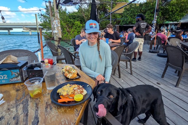 Leo the black lab is hopeful for snacks while dining at the Hungry Tarpon Restaurant at Robbie's of Islamorada on April 11, 2026. (Patrick Connolly/Orlando Sentinel)