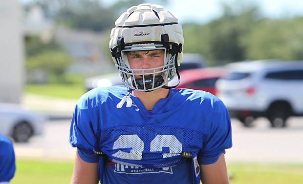 Rising senior Duke Carpenter, a football standout for Geneva School, is taking a college recruiting visit to Stanford this week. He won the Class 1A state discus championship on Wednesday. (Chris Hays/Orlando Sentinel)