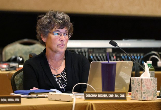Board member Deborah Becker listens during the April 2026 Florida Board of Nursing meeting in St. Petersburg. (Joe Burbank/Orlando Sentinel)