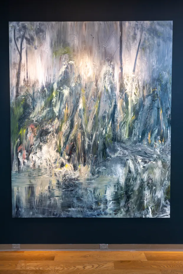 Painter Ema Ri creates gestural works that invoke nature and fleeting moments in the 2026 Florida Prize in Contemporary Art exhibition at the Orlando Museum of Art on May 26, 2026. (Patrick Connolly/Orlando Sentinel)