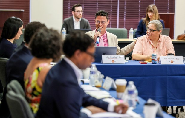 U.S. House of Representatives Committee on Oversight and Accountability members listen to Felipe Sousa-Lazaballet, of Hope Community Center, and Ericka Gomez-Tejeda, of the Immigrants are Welcome Here coalition, discuss the impact of recent ICE operations in Central Florida, during a meeting with community leaders at the Orange County Courthouse in Orlando, Monday, May 11, 2026. (Joe Burbank/Orlando Sentinel)