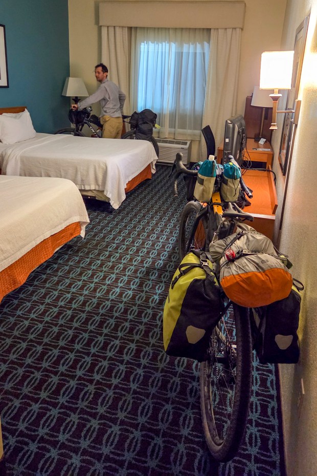 Patrick Connolly and Evan Sanders finally arrive at the Fairfield by Marriott Inn and Suites in Clermont after a 12-hour day of cycling on April 16, 2026. (Patrick Connolly/Orlando Sentinel)