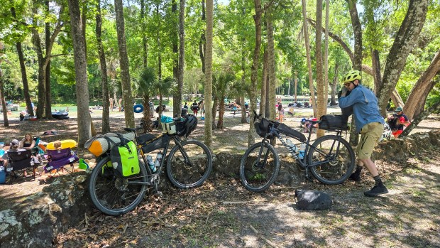 Patrick Connolly and Evan Sanders stop for a refreshing break at Kelly Park and Rock Springs to beat the heat on April 17, 2026. (Patrick Connolly/Orlando Sentinel)