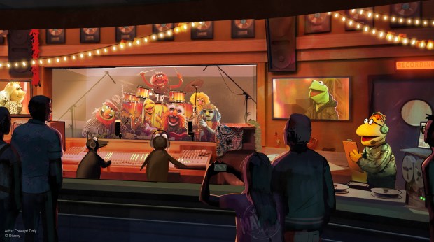 The Electric Mayhem will crank out rocking tunes in the recording studio inside of Rock 'n' Roller Coaster Starring The Muppets. Along with the finest audio engineers (all penguins, of course) guests will see Scooter doing his best to convince Electric Mayhem to stop jamming and get to their increasingly restless fans. Guests can enjoy this thrilling attraction featuring this colorful cast of characters when it opens in May 3, 2026 at Disney's Hollywood Studios. (Walt Disney Co.)