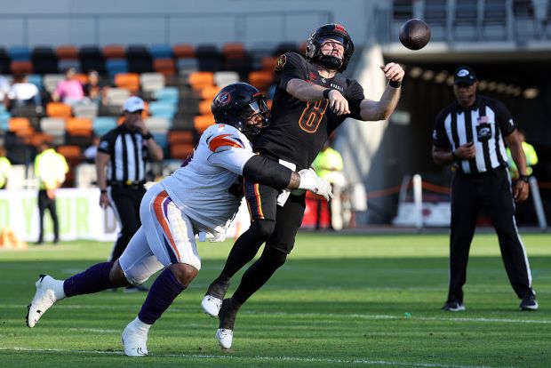Orlando Storm defensive tackle Isaiah Buggs, although he had no sacks, was a nemesis all day for Houston Gamblers quarterback Hunter Dekkers during the Storm's victory at Shell Energy Stadium on May 10, 2026 in Houston, Texas. (Photo by Jack Gorman/UFL/Getty Images)