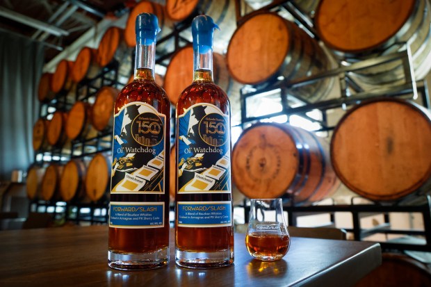 Bottles of Ol' Watchdog, the Orlando Sentinel 150th Anniversary whiskey, blended by Forward/Slash Distillery at the Winter Park distillery, pictured on Friday, April 24, 2026. (Rich Pope/Orlando Sentinel)