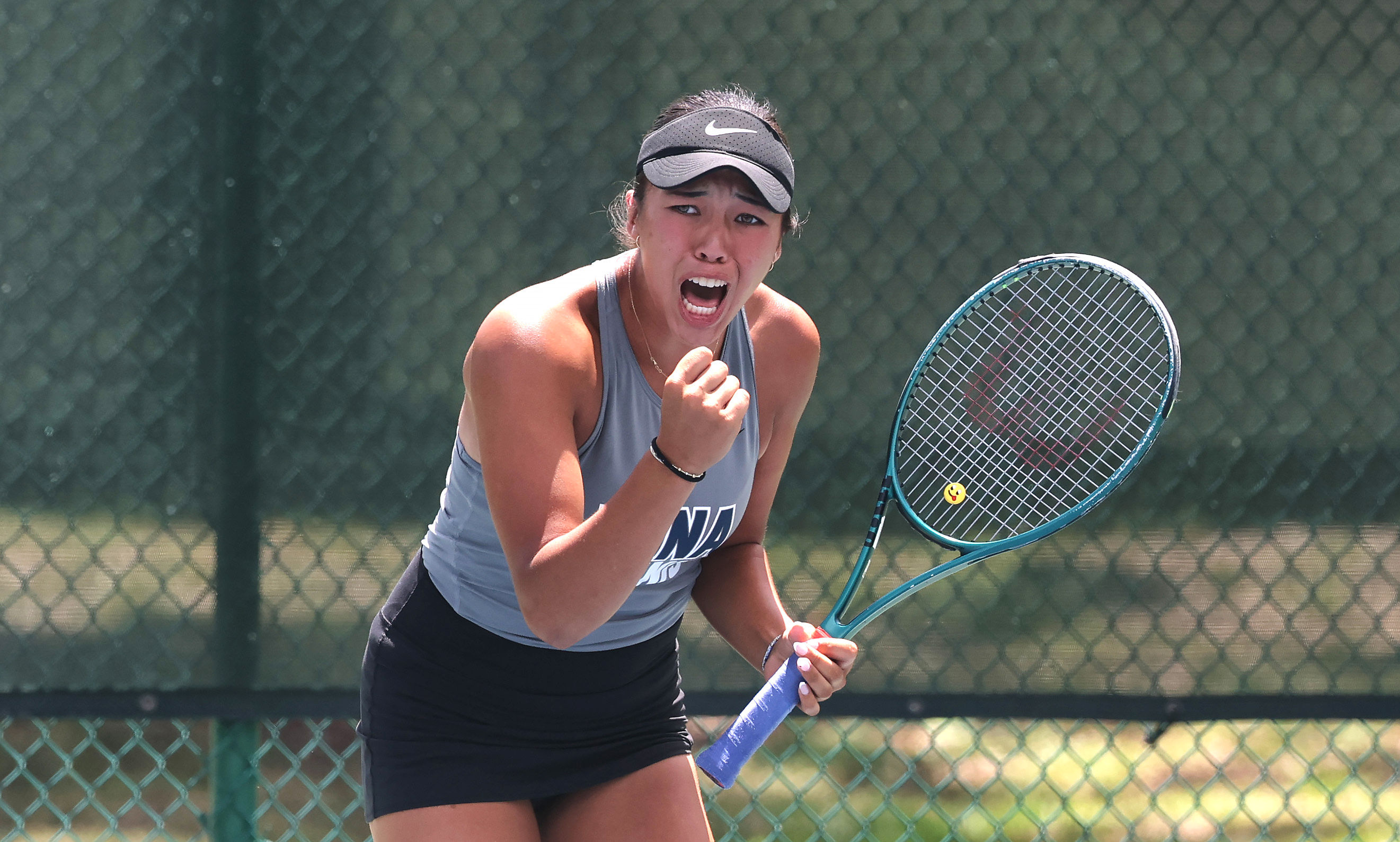 Lake Nonaâs Ashley Narath celebrates a hard-fought point in the...