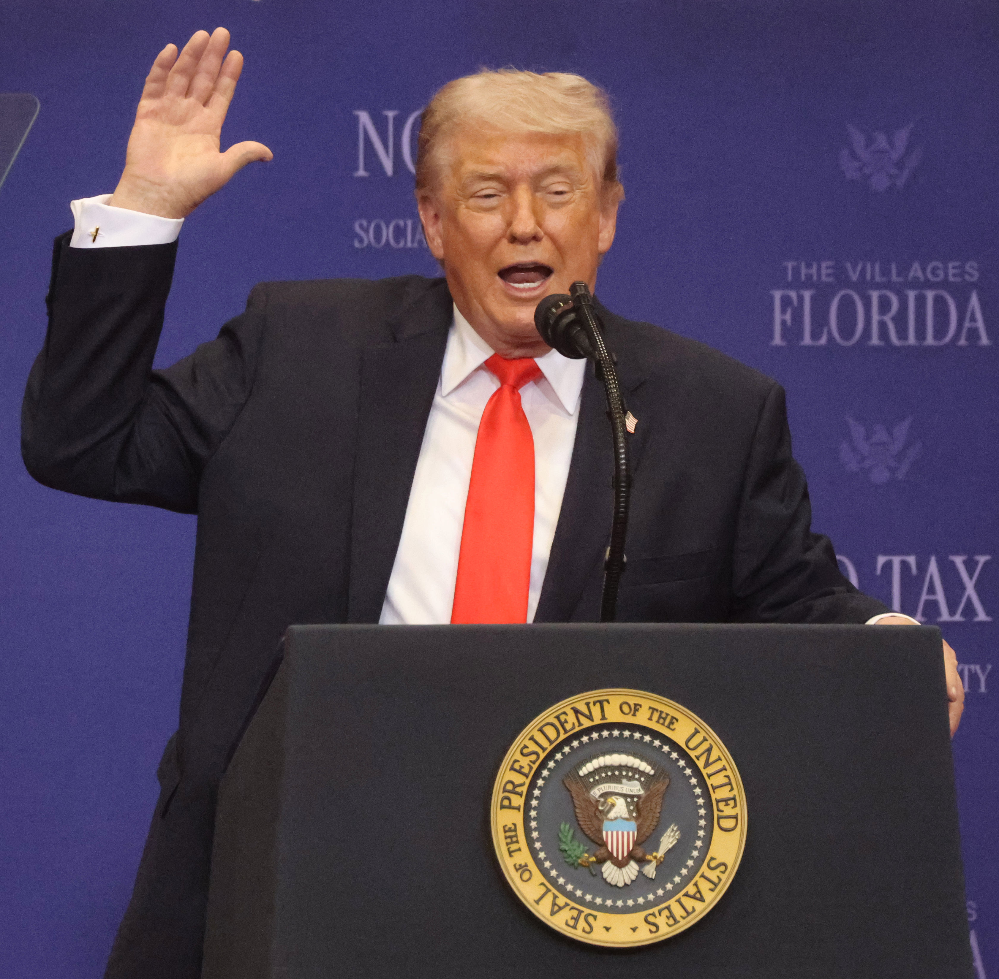 President Donald Trump delivers remarks at The Villages High School,...