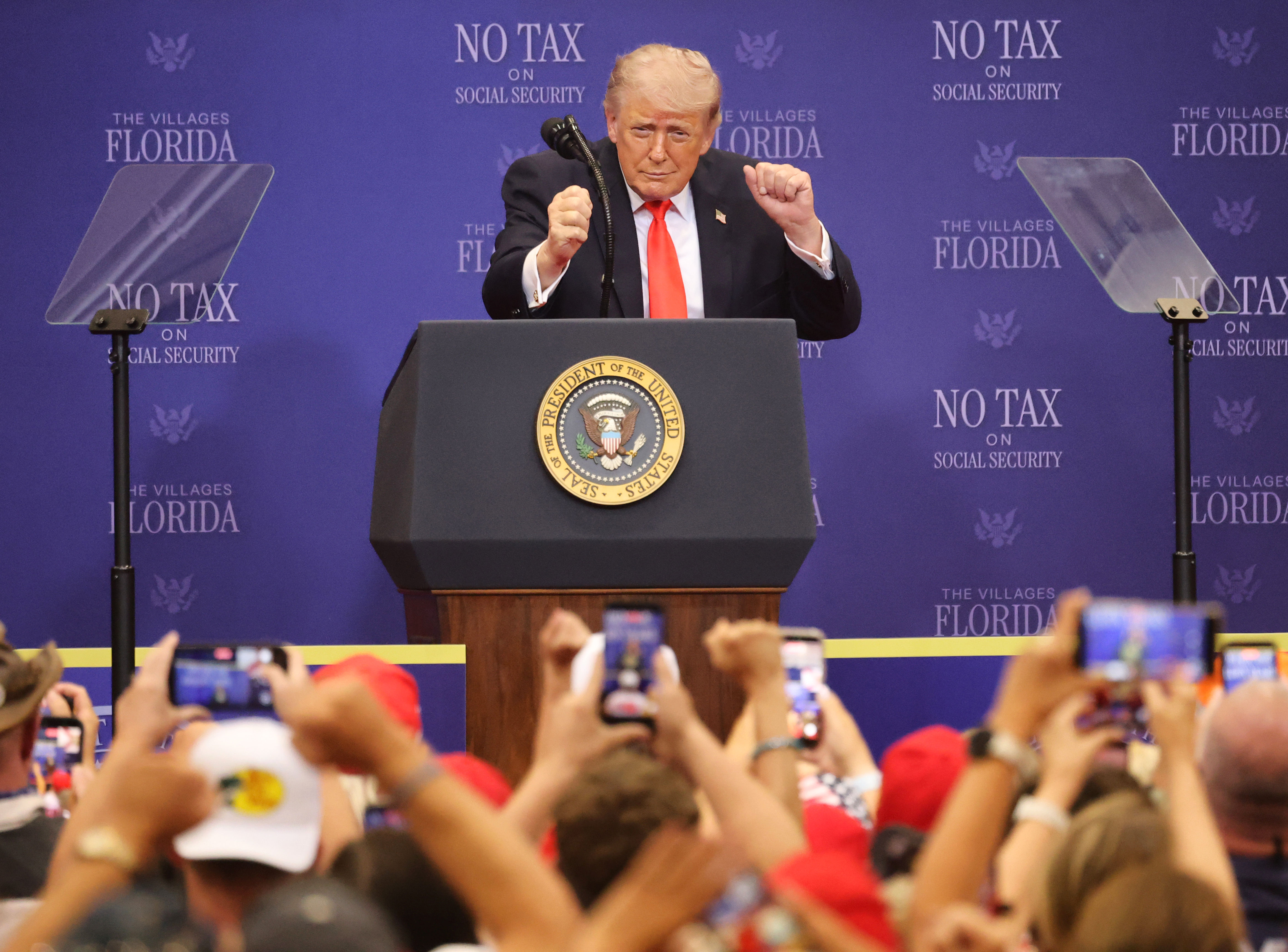 President Donald Trump dances to âYMCAâ to a cheering crowd...