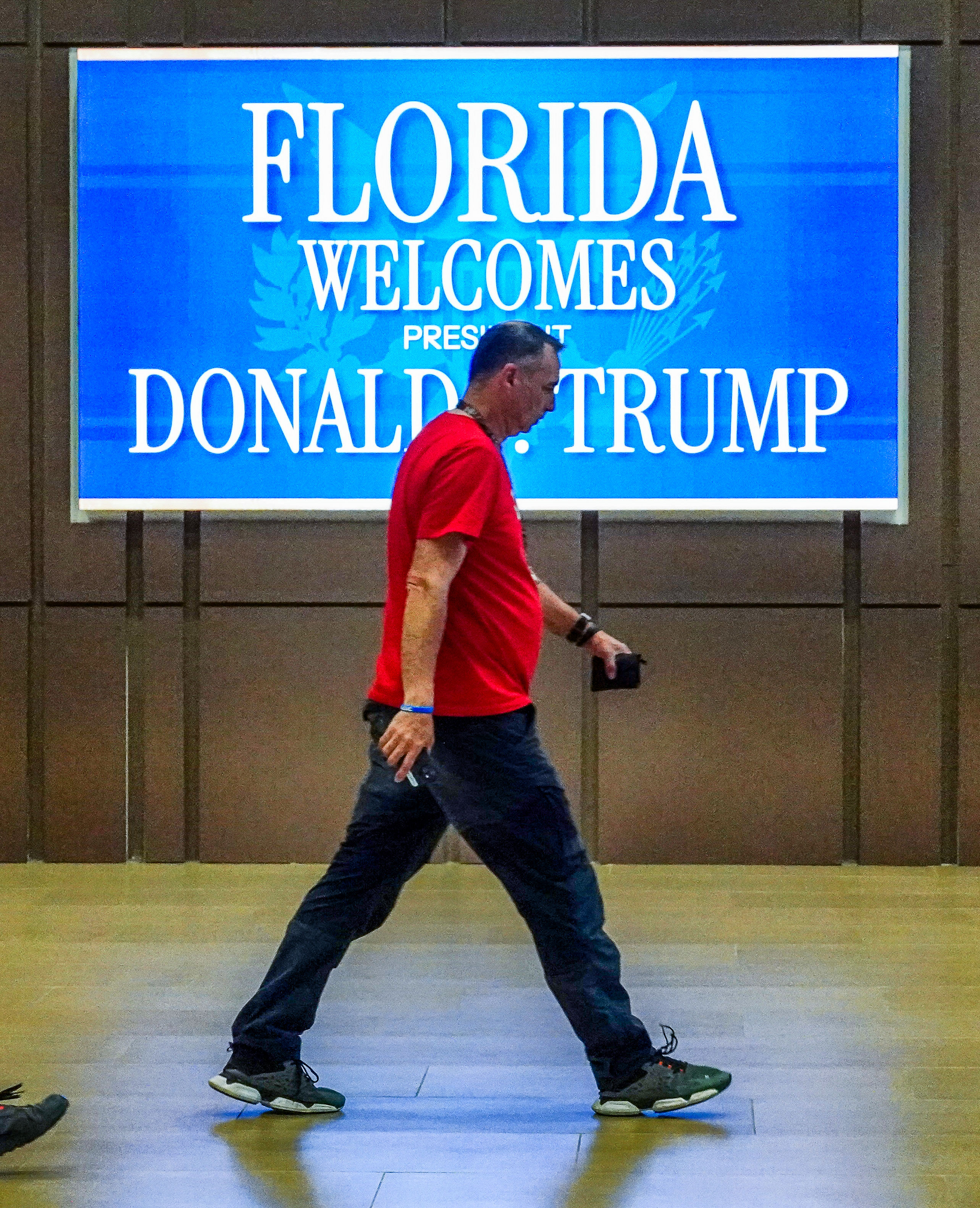 A sign welcomes President Donald Trump at The Villages High...