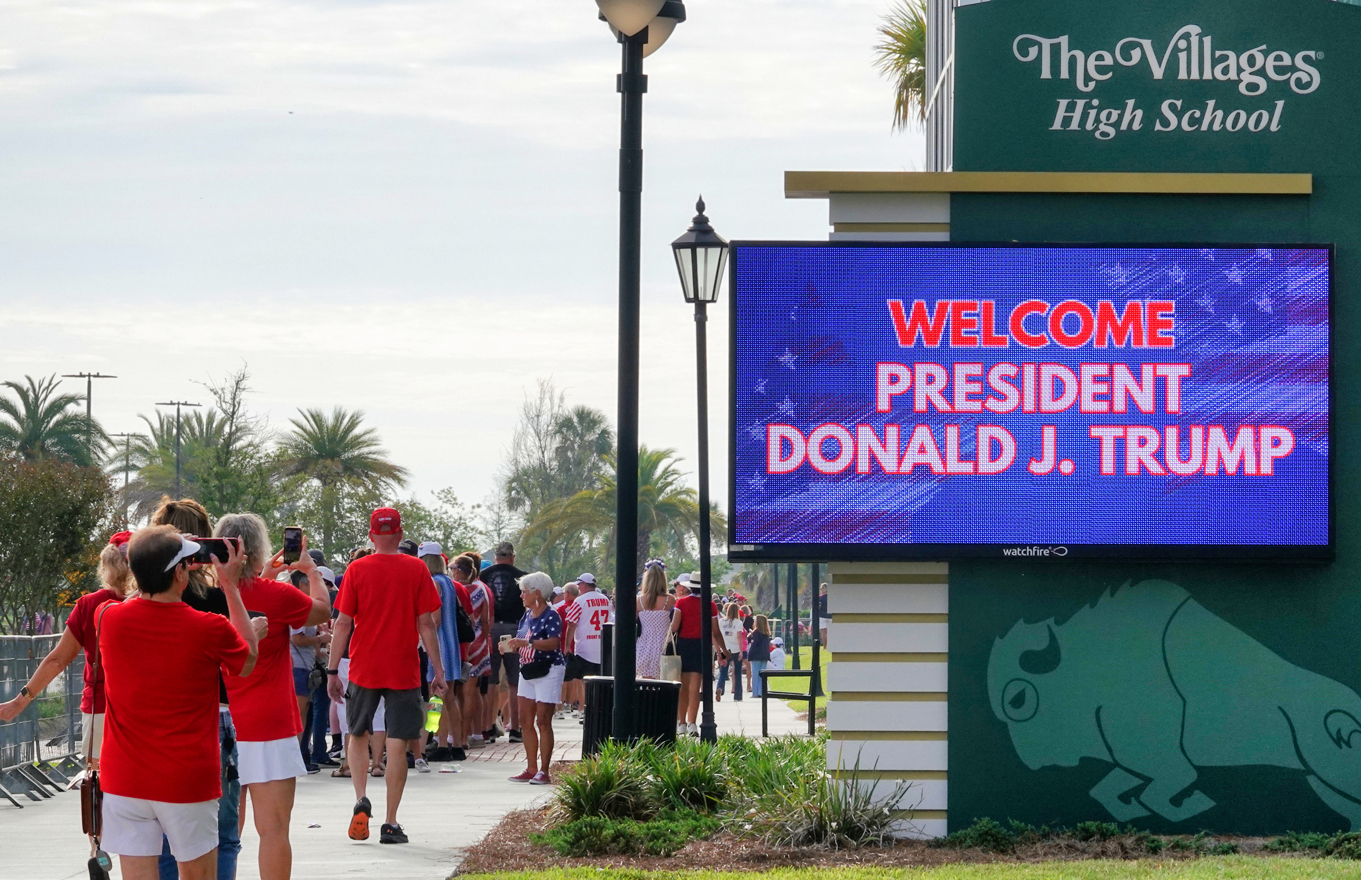 A sign welcomes President Donald Trump at The Villages High...