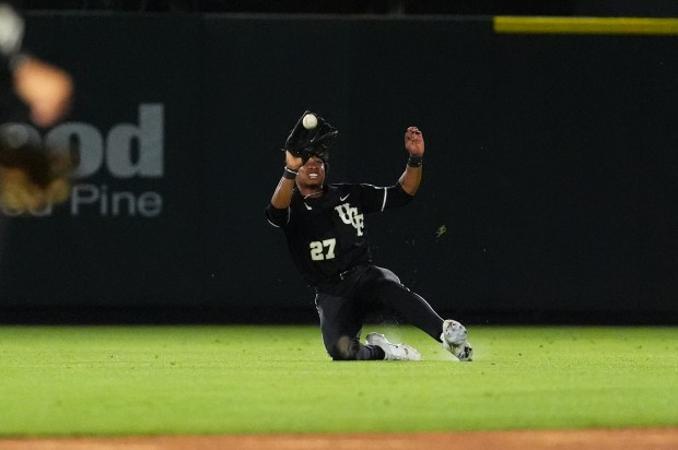 UCF centerfielder DeAmez Ross catches a fly ball during Game 2 of the NCAA's Auburn Regional at Plainsman Park on Friday, May 29, 2026. The Knights were facing N.C. State in the double-elimination game. (Photo courtesy of UCF Athletics)