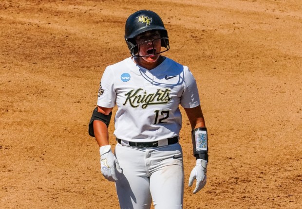 UCF third baseman Coco Jaimes celebrates after getting a base hit against Jacksonville State in Game 2 of the Tallahassee Regional at Florida State's JoAnne Graf Field on Friday. (Photo courtesy of UCF Athletics)