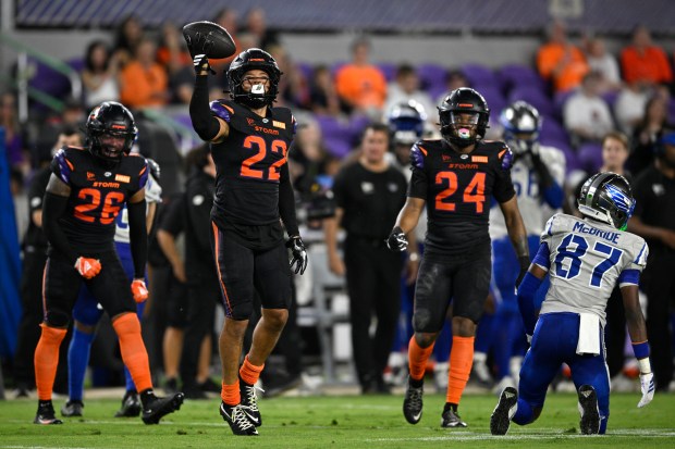Orlando Storm safety Nate Meadors (22) celebrates after intercepting a pass during a UFL football game against the St. Louis Battlehawks, Saturday, April 25, 2026, in Orlando, Fla. (Phelan M. Ebenhack for the Orlando Sentinel)