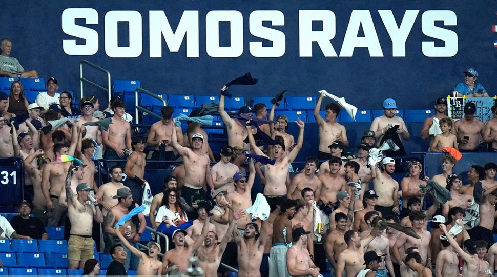 Tampa Bay Rays fans cheer on the team during the eighth inning of a baseball game against the Baltimore Orioles Monday, May 18, 2026, in St. Petersburg, Fla. (AP Photo/Chris O'Meara)