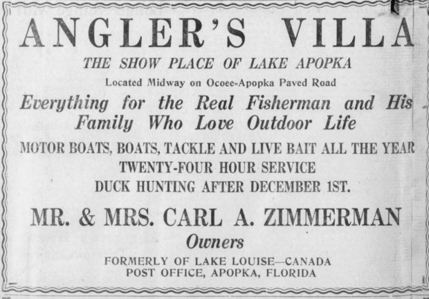 A 1920s advertisement in the Orlando Sentinel for a Lake Apopka fish camp. (Orlando Sentinel File)