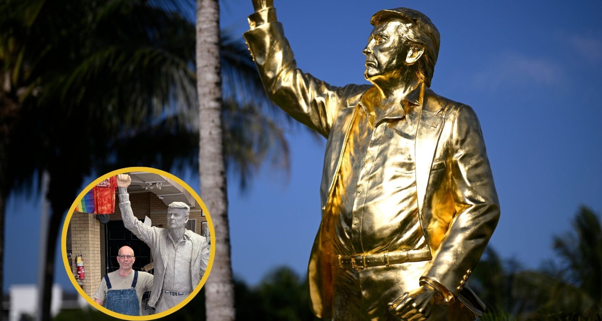 photo of a golden statue of Donald Trump with his fist in the air in front of an evening sky and palm trees, overlaid with a photo of the sculptor