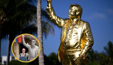 photo of a golden statue of Donald Trump with his fist in the air in front of an evening sky and palm trees, overlaid with a photo of the sculptor