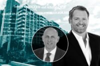 Taylor Collins and Reid Boren with the Biscayne 21 building at 2121 North Bayshore Drive in Miami