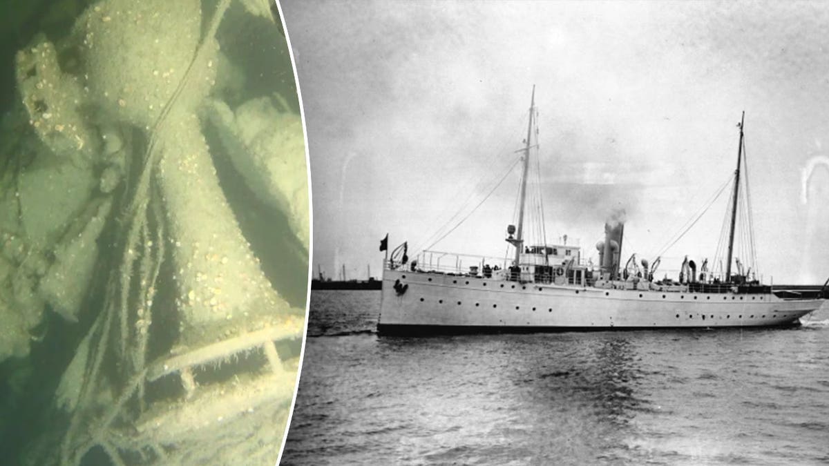 Split image of underwater wreck, historical image of Tampa ship