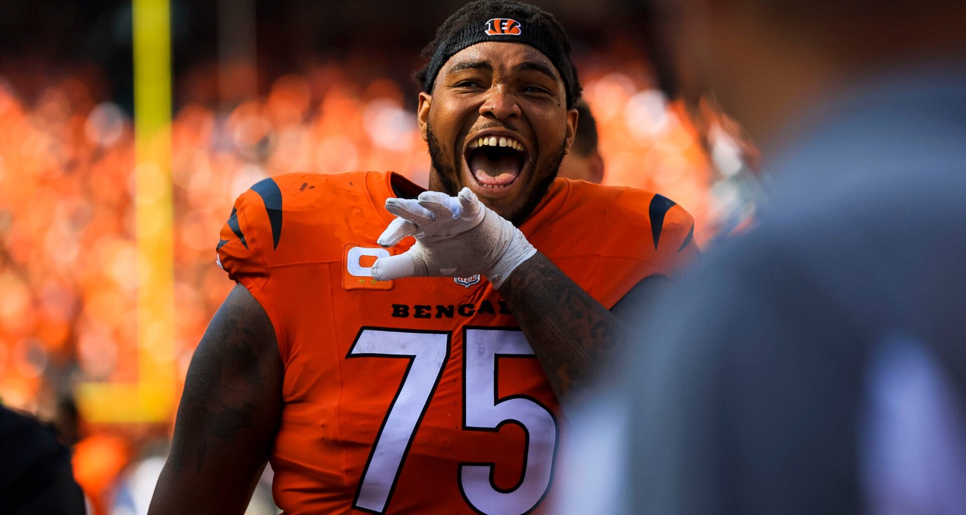 Sep 14, 2025; Cincinnati, Ohio, USA; Cincinnati Bengals offensive tackle Orlando Brown Jr. (75) walks off the field after the victory over the Jacksonville Jaguars at Paycor Stadium.