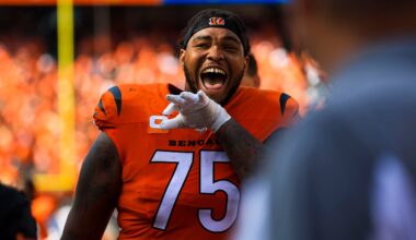 Sep 14, 2025; Cincinnati, Ohio, USA; Cincinnati Bengals offensive tackle Orlando Brown Jr. (75) walks off the field after the victory over the Jacksonville Jaguars at Paycor Stadium.