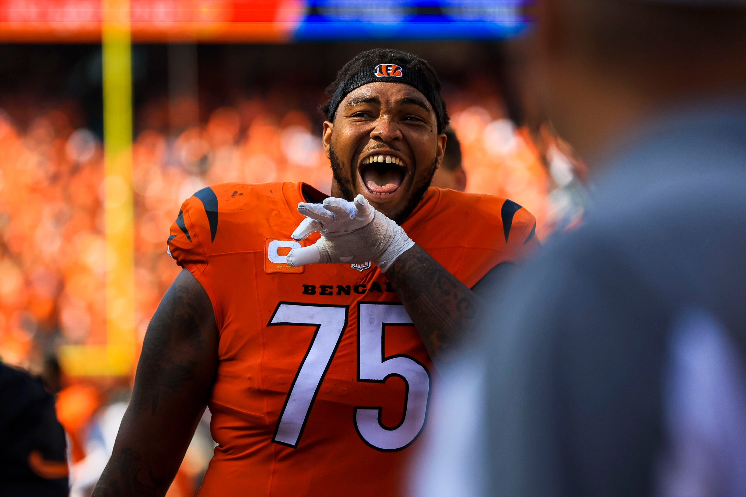 Sep 14, 2025; Cincinnati, Ohio, USA; Cincinnati Bengals offensive tackle Orlando Brown Jr. (75) walks off the field after the victory over the Jacksonville Jaguars at Paycor Stadium.