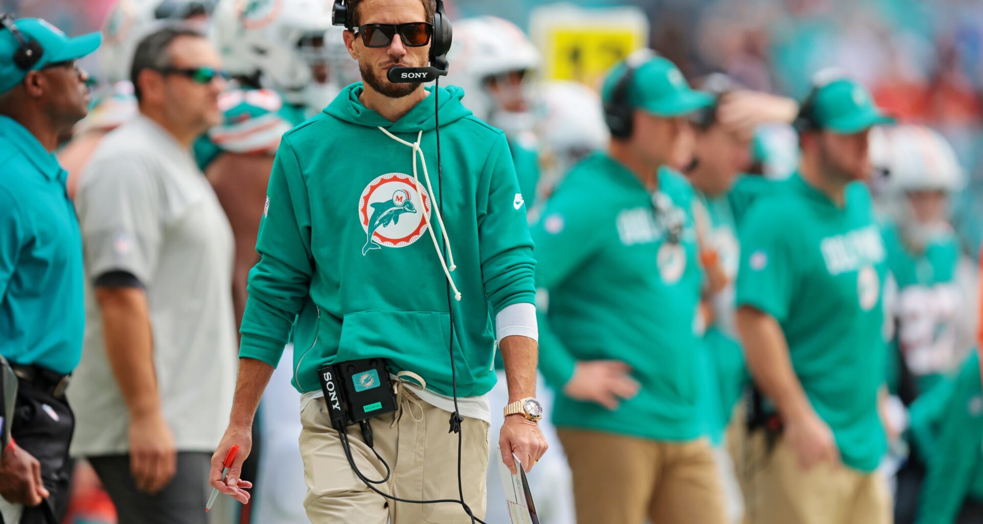Dec 21, 2025; Miami Gardens, Florida, USA; Miami Dolphins head coach Mike McDaniel looks on during the second quarter against the Cincinnati Bengals at Hard Rock Stadium.