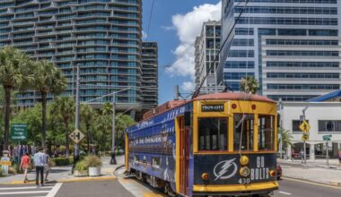 Tampa streetcar passes through downtown Water Street district near Cumberland Avenue