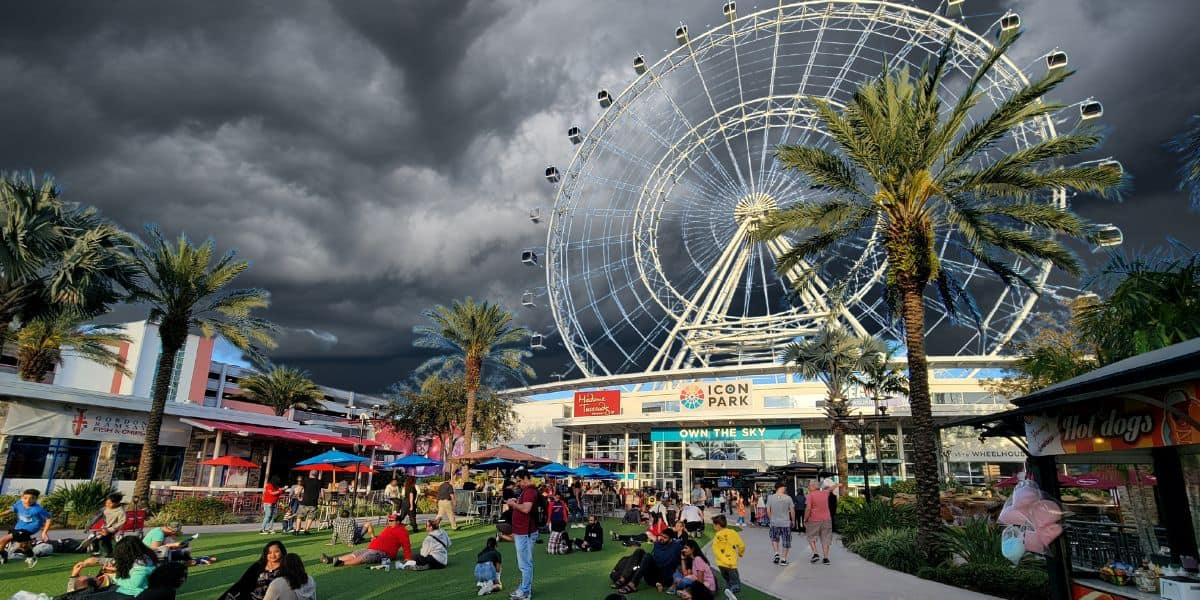 ICON Park with hurricane-like clouds forming in the sky